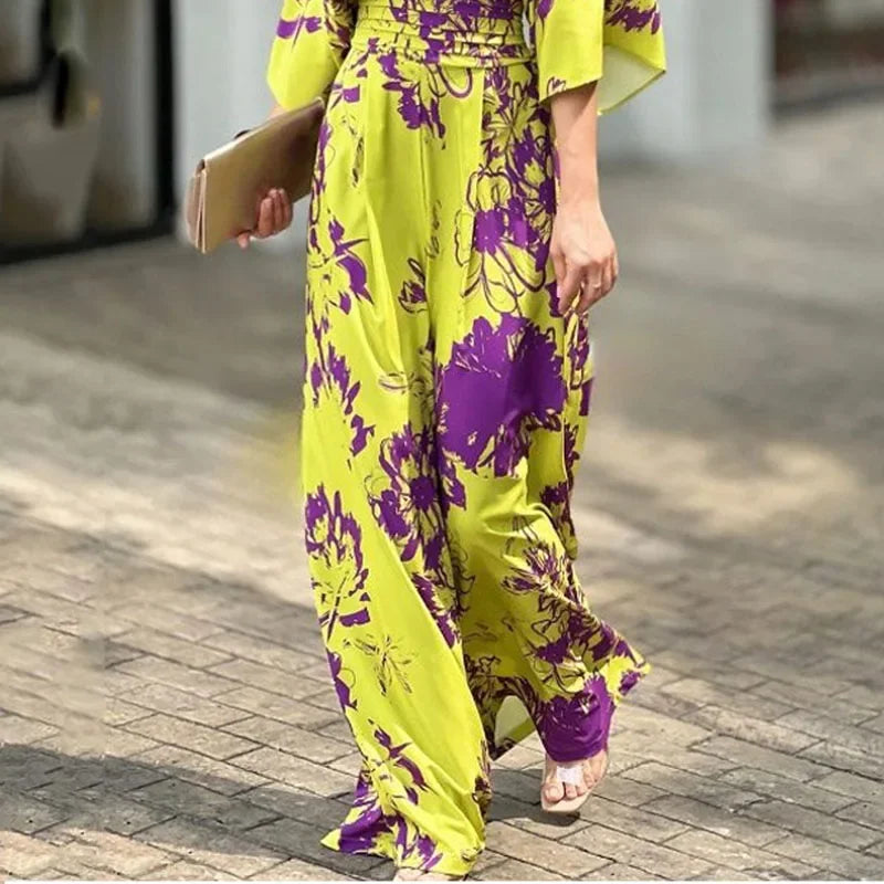 Women's Summer Casual Printed Jumpsuit with Batwing Sleeves V Neck Backless Tie Waist Wide Leg Romper