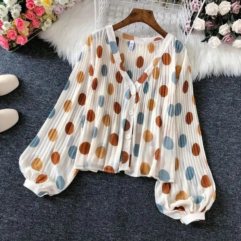Polka Dot Casual V-Neck Chiffon Blouse with Single Breasted Button and Lantern Sleeve Folds Lightweight Women's Top