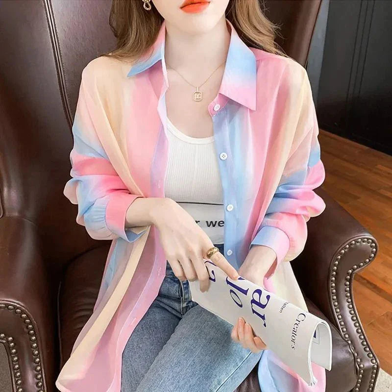 Irregular Gradient Rainbow Color Sheer Turn-Down Collar Long Sleeve Loose Fit Women's Casual Blouse Top