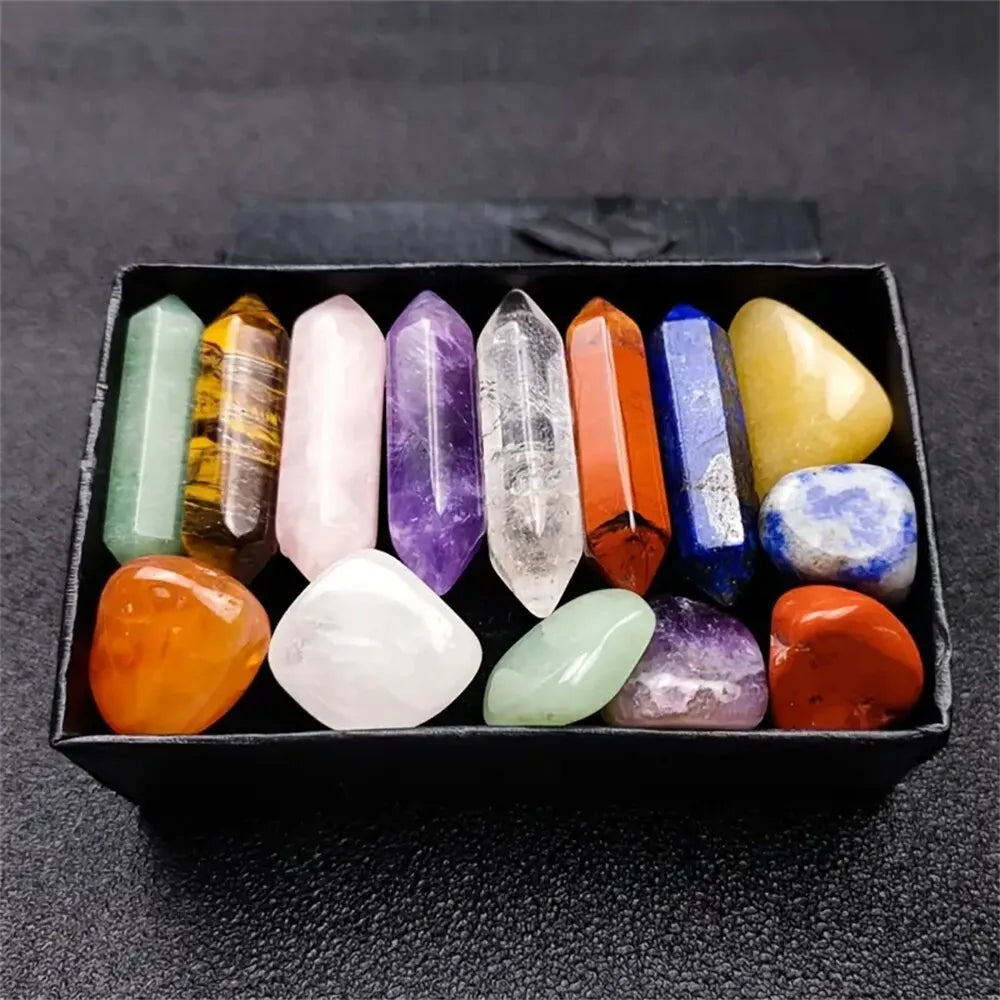 14 Pieces Pointed Quartz Crystal Healing Stones Set with Hexagon Rose Quartz Gems for Chakra Meditation and Bedroom Decor