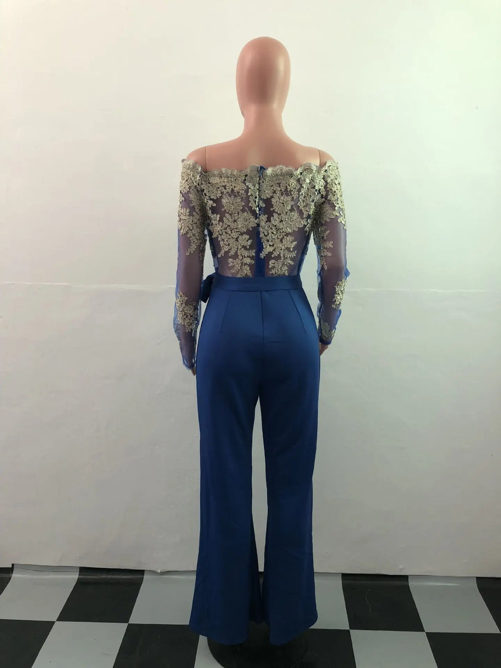 Appliques Lace Patchwork Off Shoulder Jumpsuit for Women with Slash Neck Long Sleeve and Elegant Wide Leg Pants Party Overalls