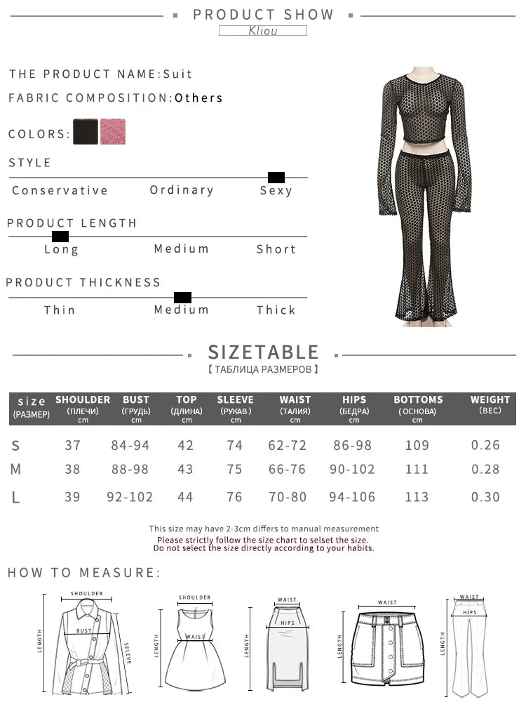 Sexy Coquette 2 Piece Set Sheer Long Sleeve Slim Top and High Waist Flare Pants Nightclub Outfit