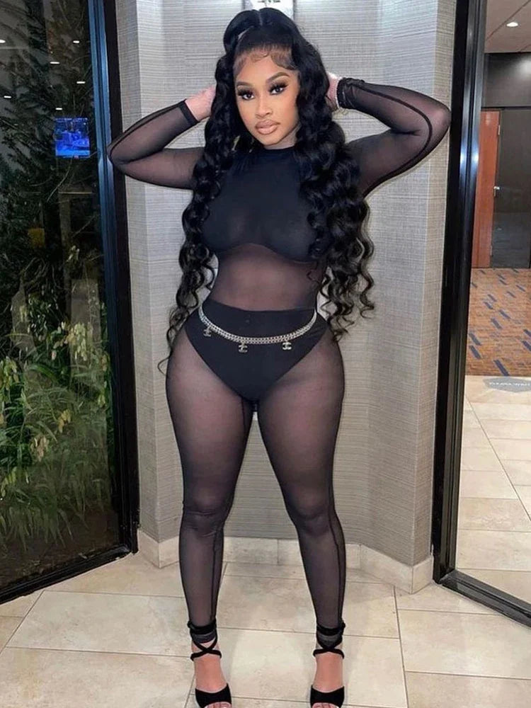 Sexy Black Transparent Mesh Jumpsuit Women Elastic See-Through Bodysuit One Piece Nightclub Outfit