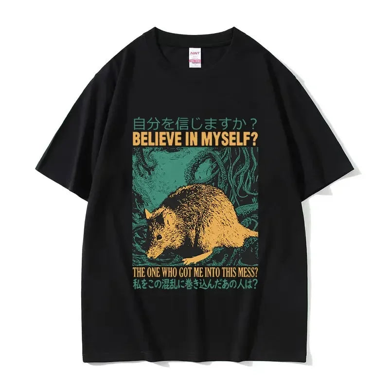 Believe in Myself Funny Graphic T Shirt with Retro Japanese Rat Print for Men and Women Oversized Fashion Tee