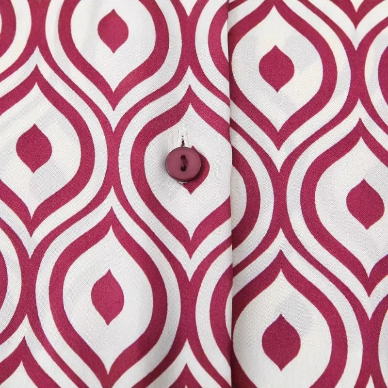 Women's Geometric Print Satin Effect Shirt with Lapel Collar Long Sleeve Single Breasted Slim Fit Chic Top for Spring and Summer