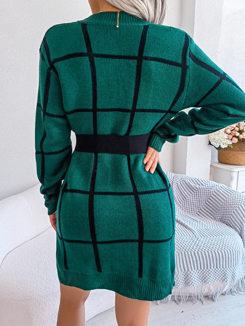 Women Plaid Knitted Sweater Dress Long Sleeve Casual Wear