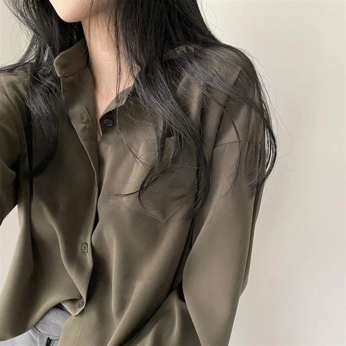 Simple Single Breasted Loose Long Sleeve Shirt Blouse Casual Elegant Solid Color Short Top