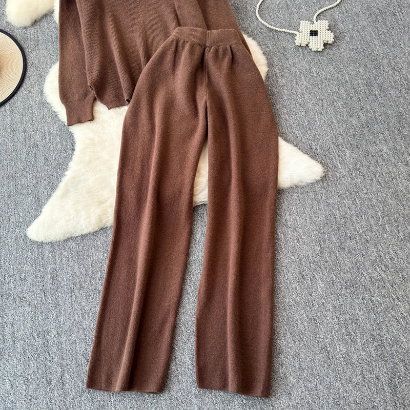 Cozy Knitted Two-Piece Women's Tracksuit Set with V-Neck Sweater and Straight Jogging Pants Autumn Winter Lounge Wear