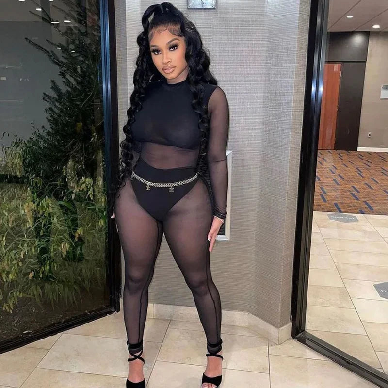 Sexy Black Transparent Mesh Jumpsuit Women Elastic See-Through Bodysuit One Piece Nightclub Outfit
