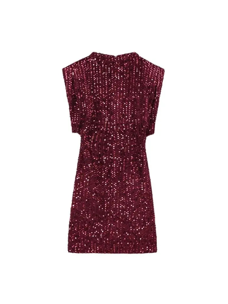 Sequined Mini Dress With Shoulder Pads O Neck Sleeveless
