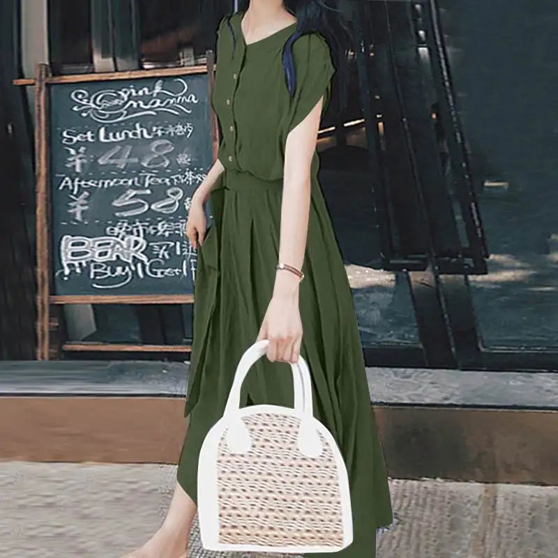 Women Belted Midi Sundress Short Sleeve Summer Dress