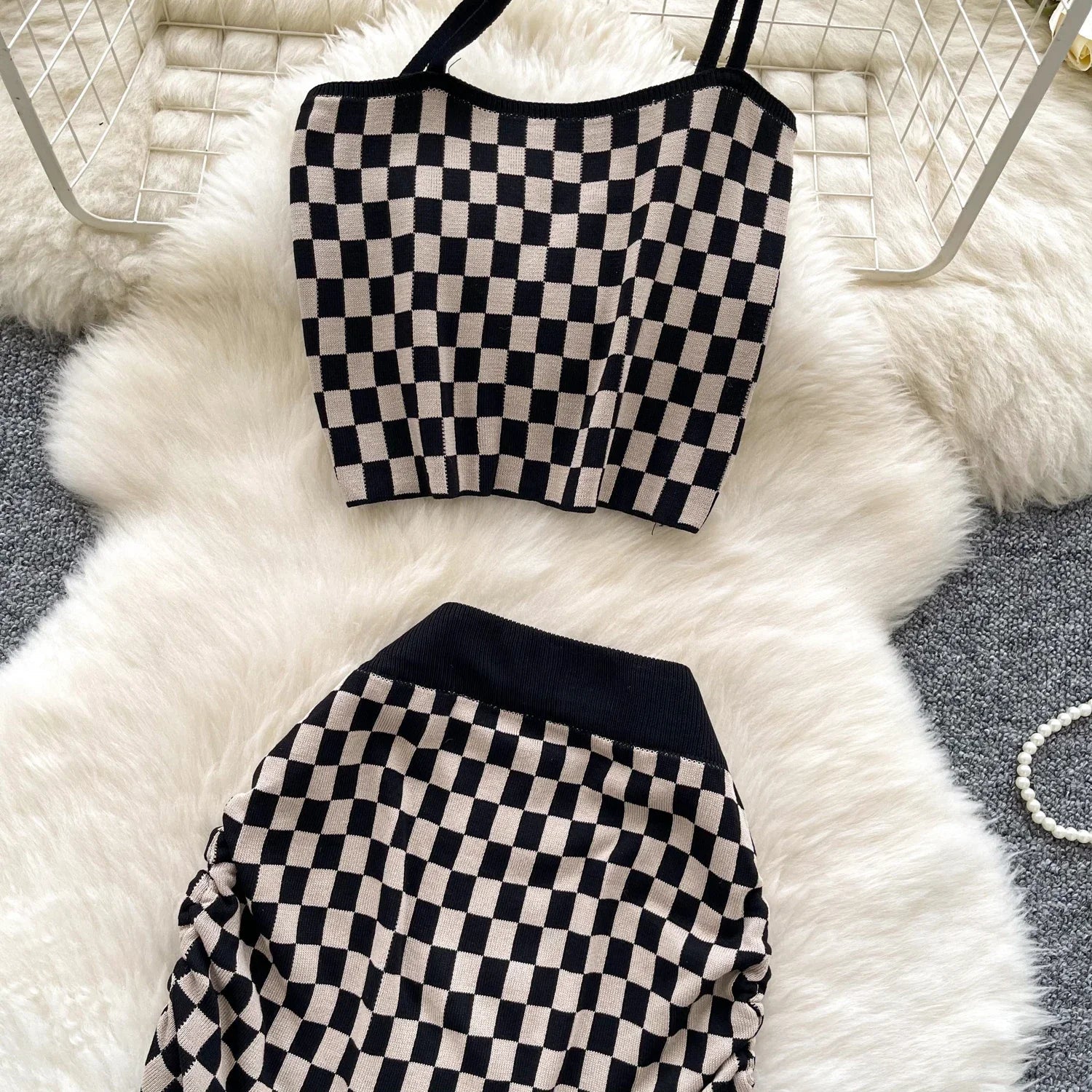 Women's Plaid Strapless Mini Top and High Waist Bodycon Skirt Set Casual Knitted Two-Piece Outfit