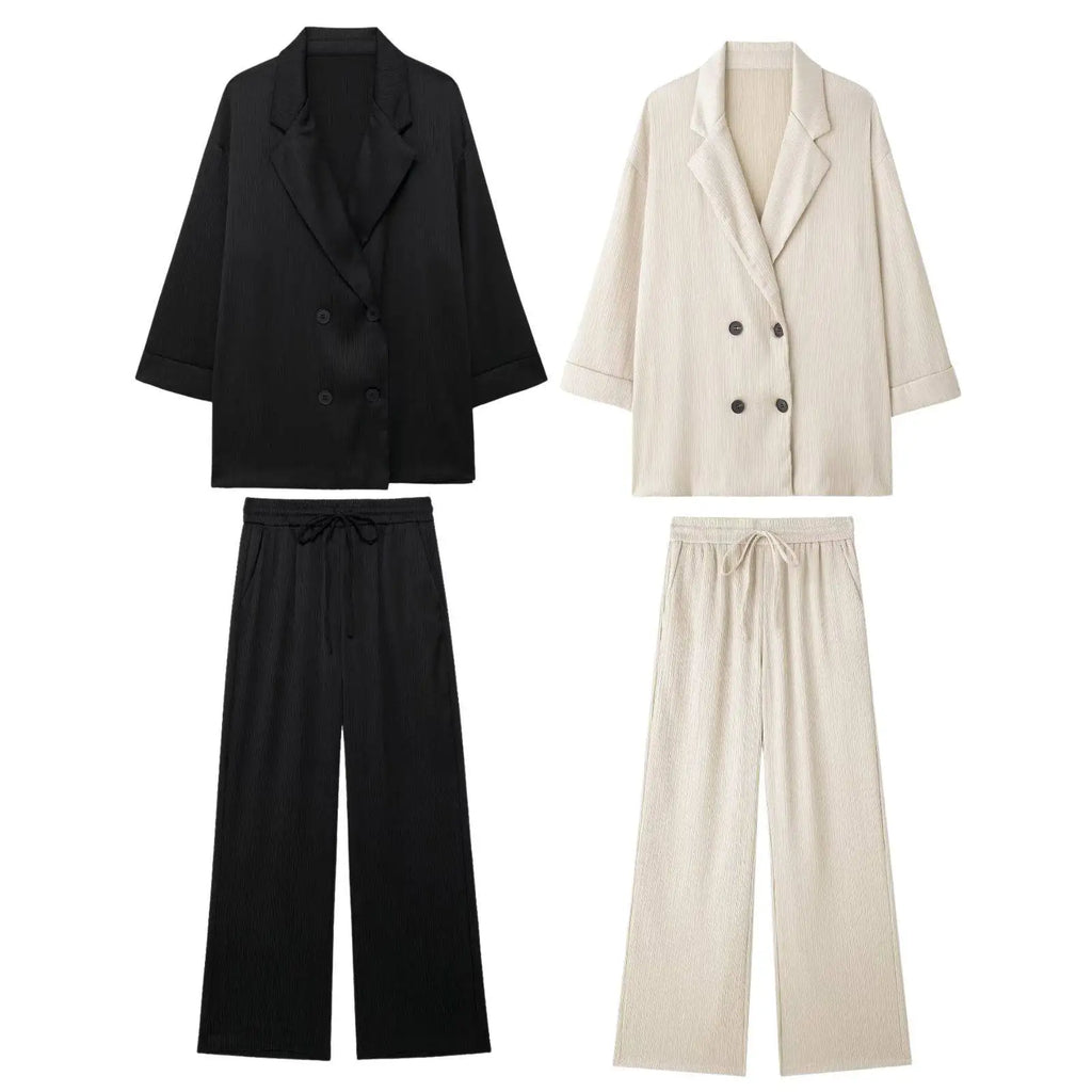 Trendy Women's Cozy Suit Set with Double Breasted Coat and Wide Leg Pants