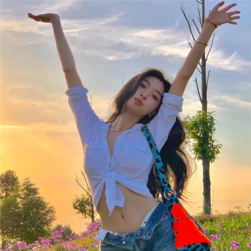 Sexy Polo Neck Button Up Crop Top Cardigan with Long Sleeves Twist Knot Bandage Vest for Women