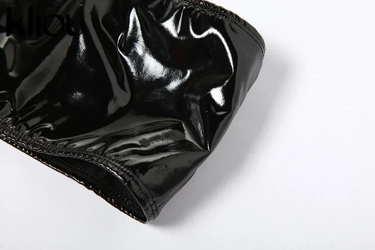 Shiny Solid Two Piece Set for Women Sexy Wrapped Chest Crop Top and Irregular Shape Skinny Hip Skirt Midnight Party Clubwear