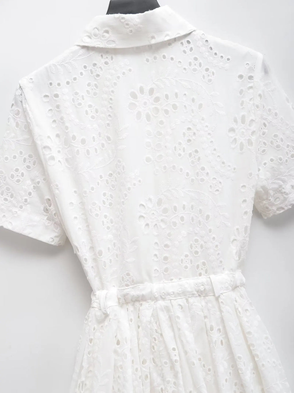 Elegant Eyelet Midi Dress With Belt Tie Short Sleeve