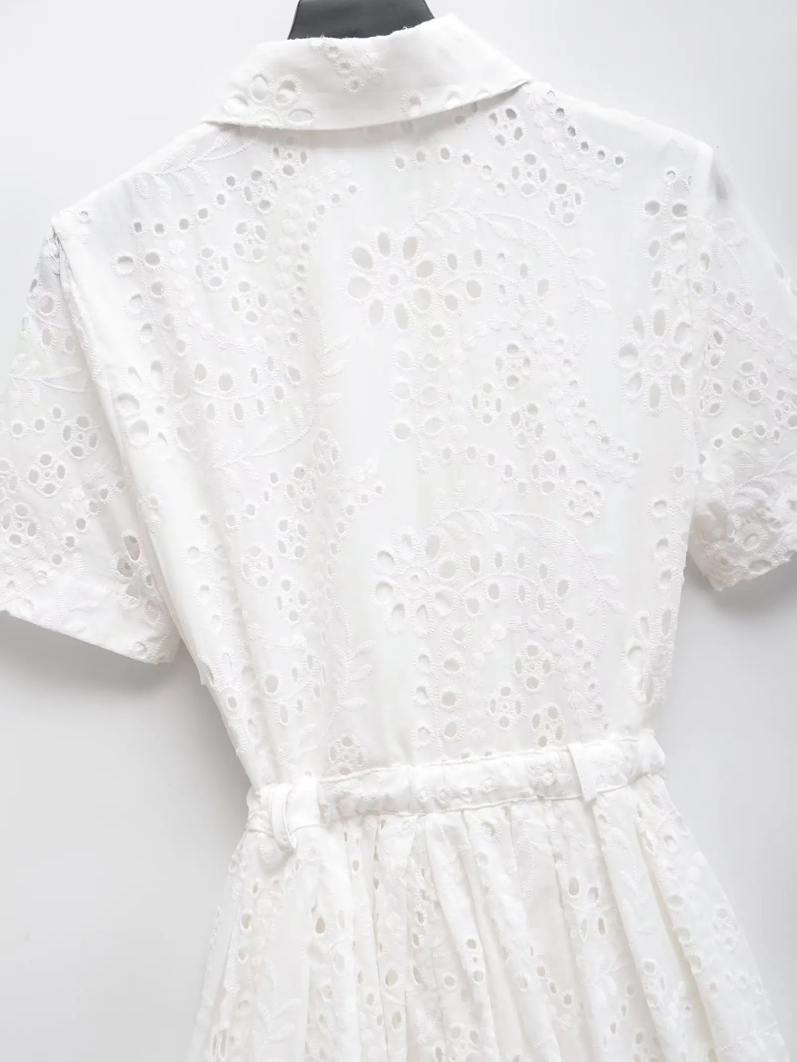 Elegant Eyelet Midi Dress With Belt Tie Short Sleeve