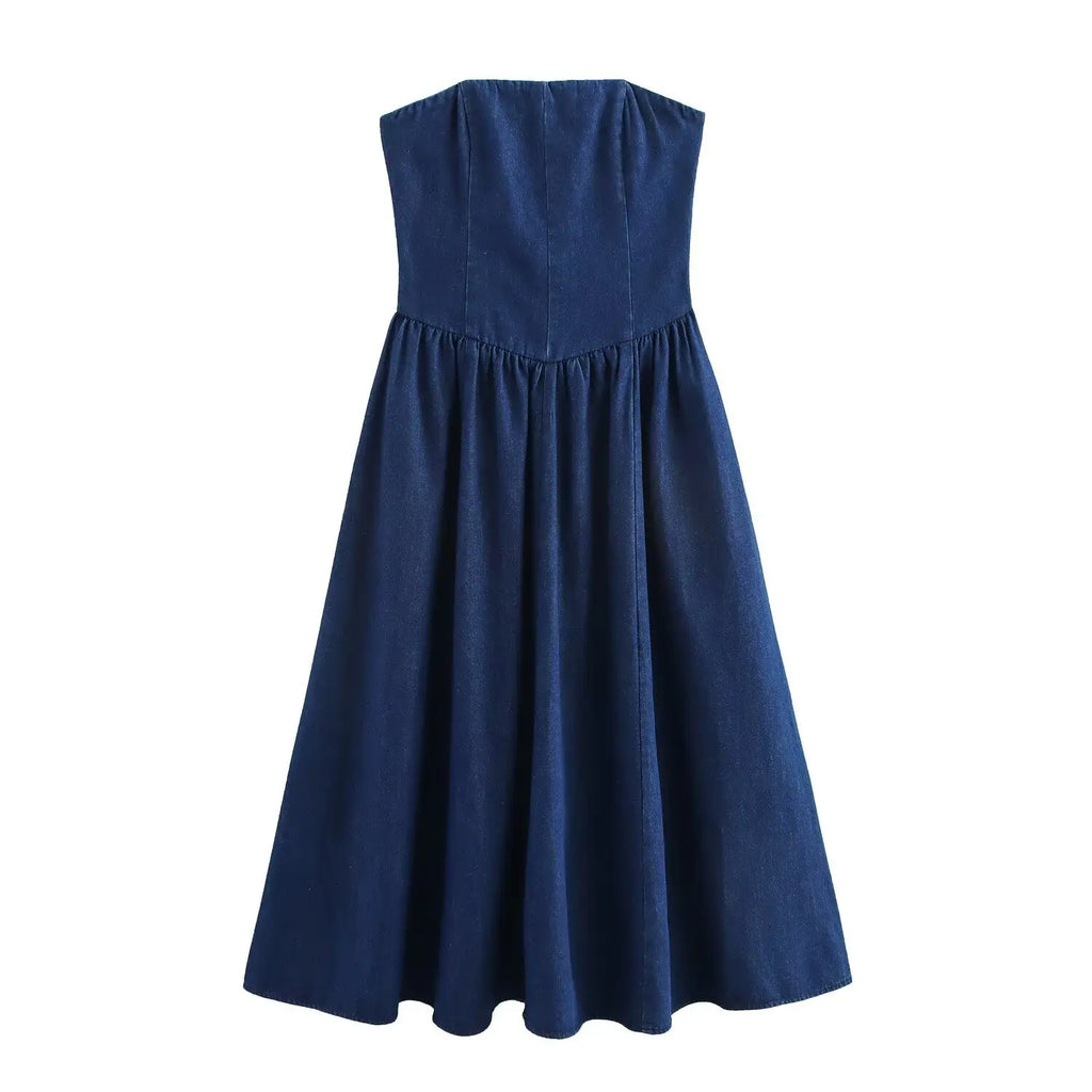 Denim Midi Dress With Pleats Backless Style High Waist