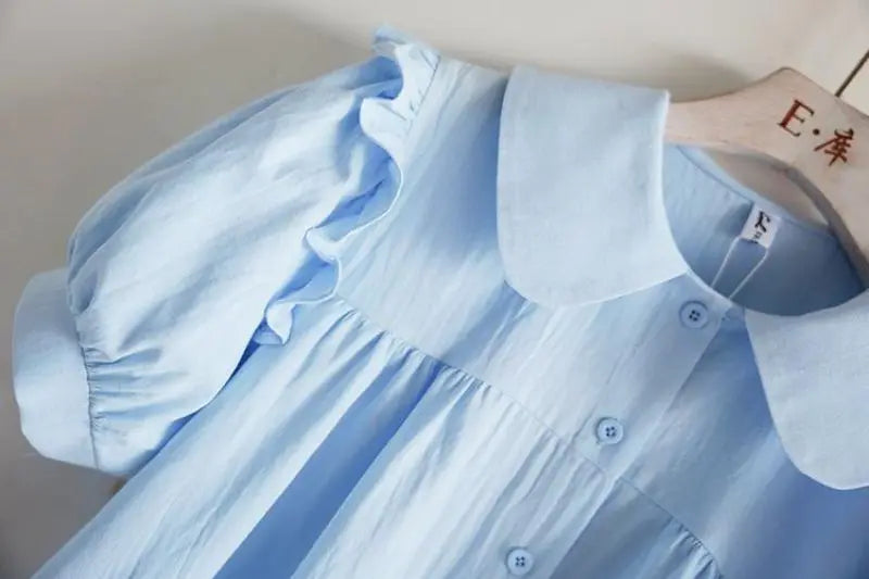 Blue Peter Pan Collar Single Breasted Short Sleeve Loose Fit Women's Blouse Shirt Lightweight Casual Top