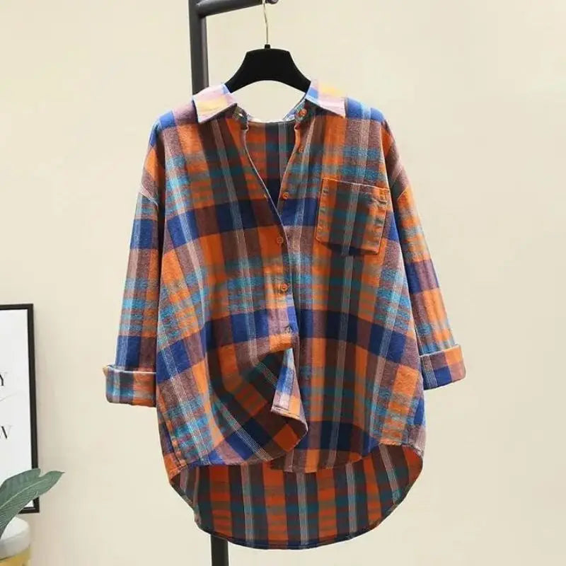 Plaid Vintage Polo Neck Long Sleeve Loose Fit Single Breasted Women's Blouse Shirt Casual Korean Style Female Top