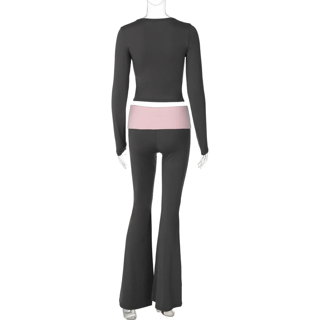 Women's Sexy Casual Two Piece Pants Set with Long Sleeve Letter Print Crop Top and Flare Pants for Streetwear Fashion