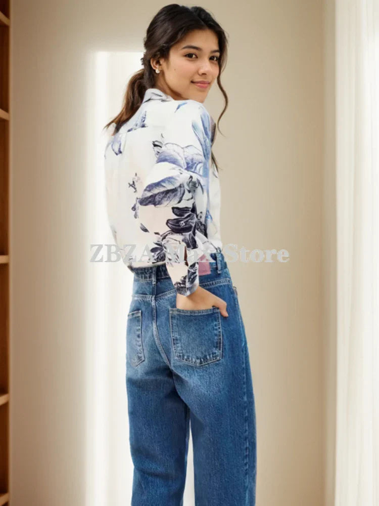 Women's Bow Tie Printed Blouse with Polo Collar Long Sleeve Single Breasted Vintage Loose Fit Elegant Shirt Top