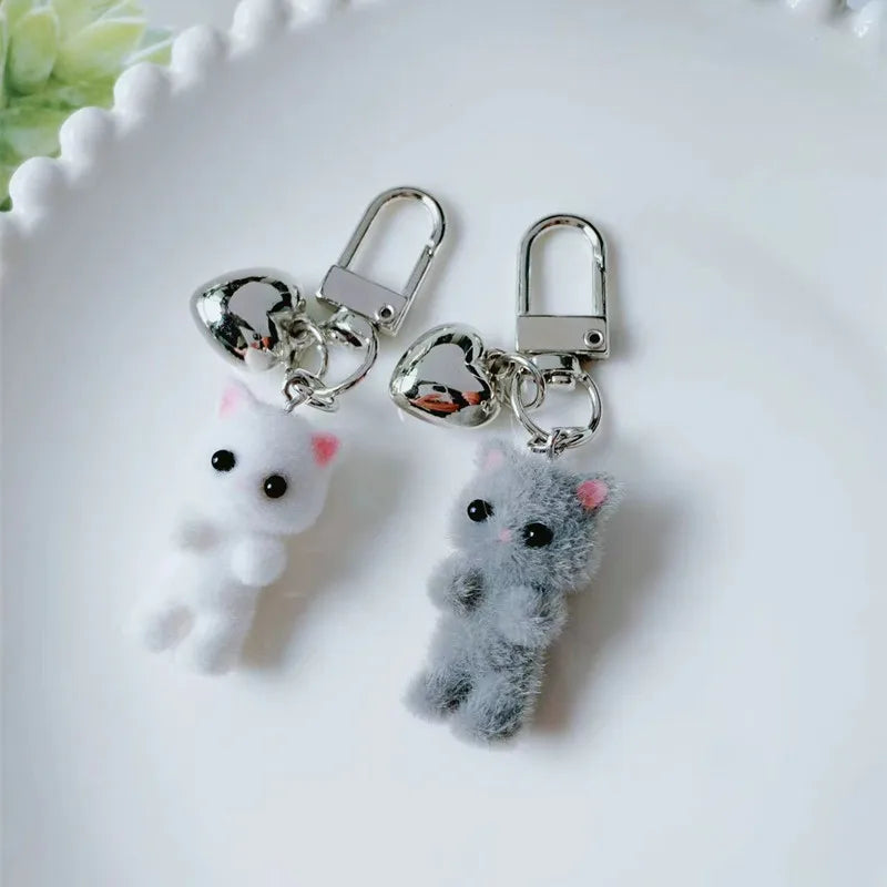 Cute Flocking Cat Keychain 3D Love Pendant Headphone Charm Bag Decor Jewelry Gift
