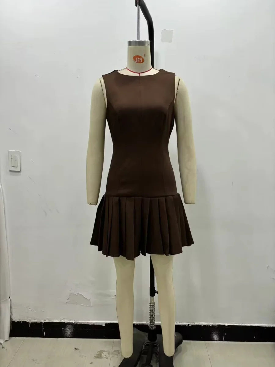 3D Cutout Mini Dress Pleated Skirt Brown Sleeveless