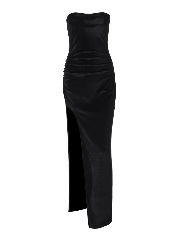 Velvet Strapless Maxi Dress for Women Elegant Clubwear