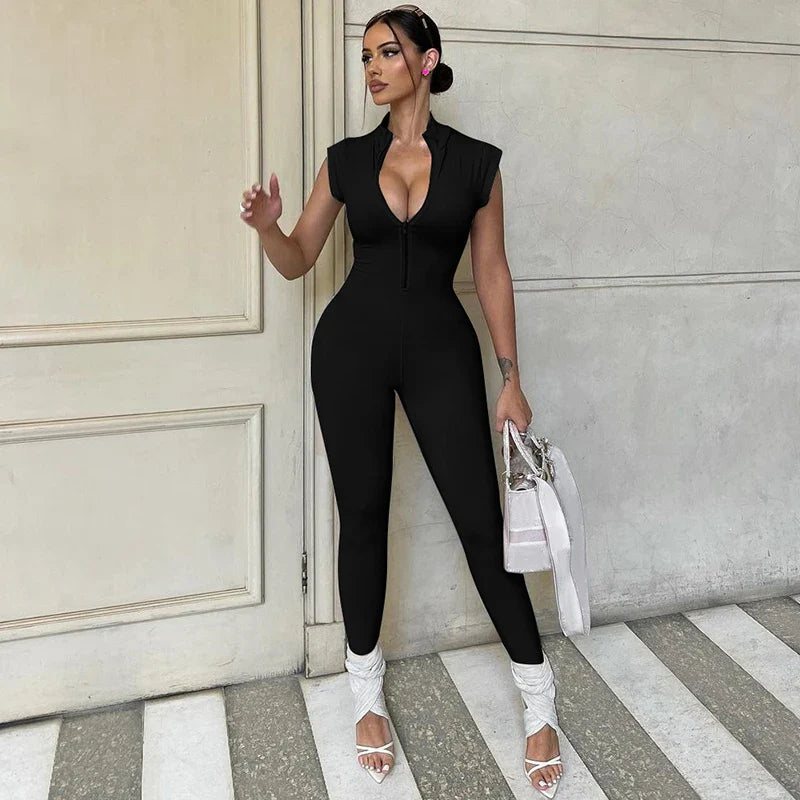 Women's Sleeveless Zipper Neck Sexy Bodycon Jumpsuit One Piece Stylish Summer Streetwear Party Gym Romper Overalls