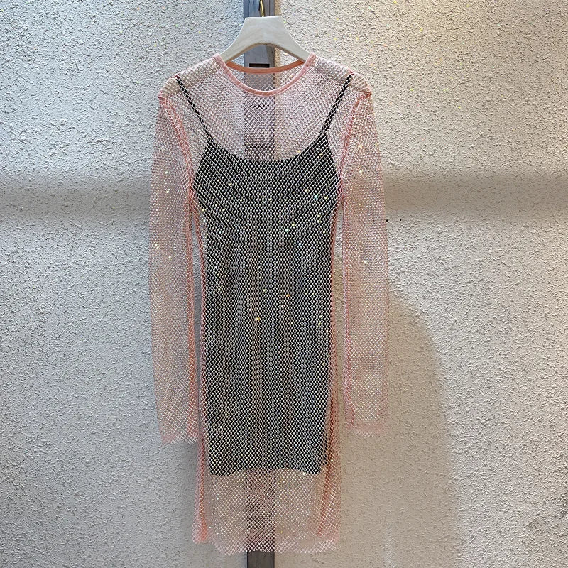 See Through Rhinestone Dress Round Neck Long Sleeve