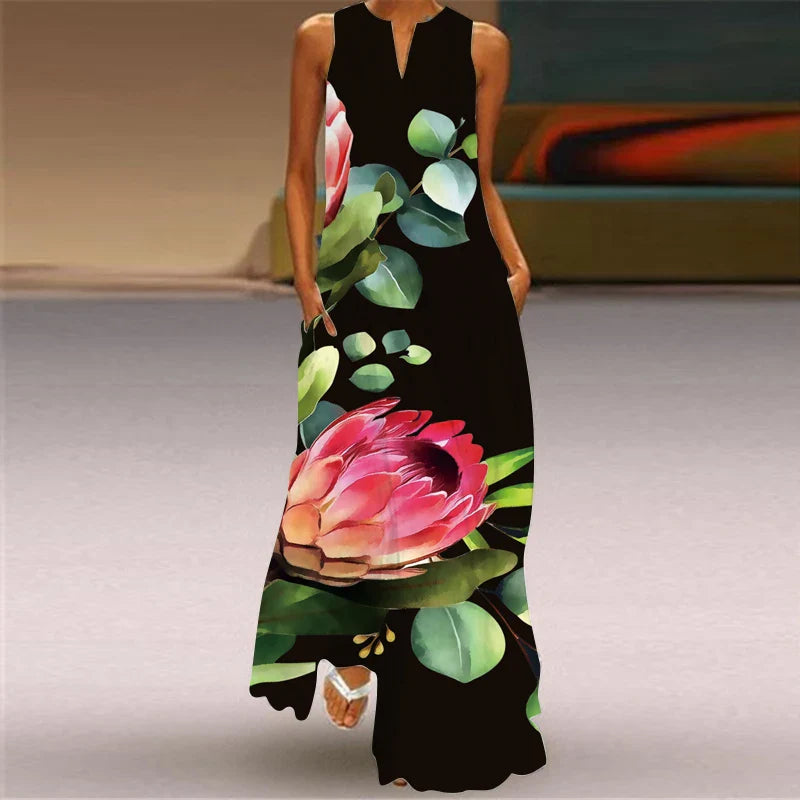 Womens Sleeveless V Neck Printed Maxi Dress For Summer