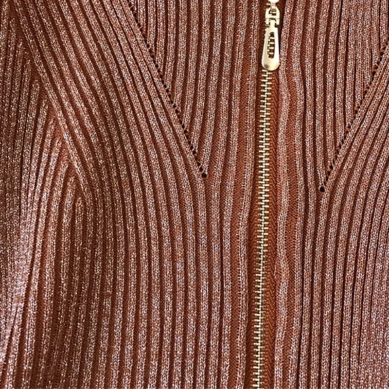 Sexy Zipper V Neck Knit Bodycon Midi Dress For Summer