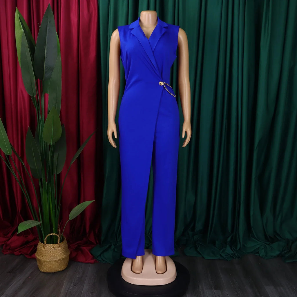 Elegant Sleeveless Jumpsuit with Turn Down Collar High Waisted V Neck Straight Leg Romper for Women Birthday Party Overalls