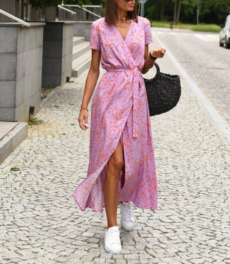 Floral Print Dress Loose Summer V Neck Short Sleeves