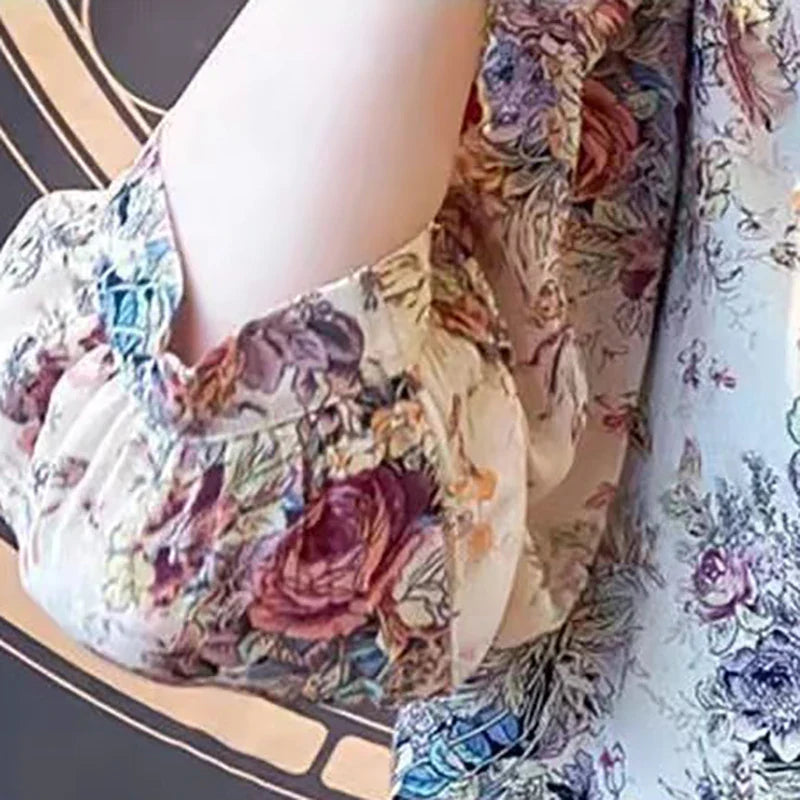 Vintage Elegant Women's Chiffon O-Neck Lantern Sleeve Printed Blouse Slim Fit Casual Office Shirt