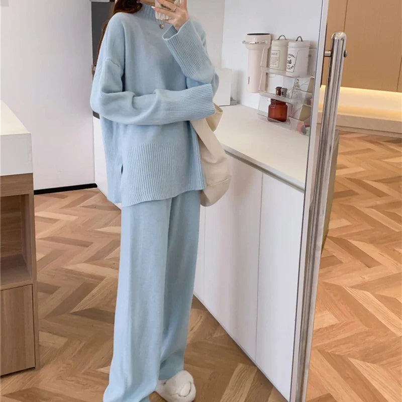 Cozy Split Knit Sweater and Casual Pants Two-Piece Set for Women Soft Solid Color Autumn Winter Outfit