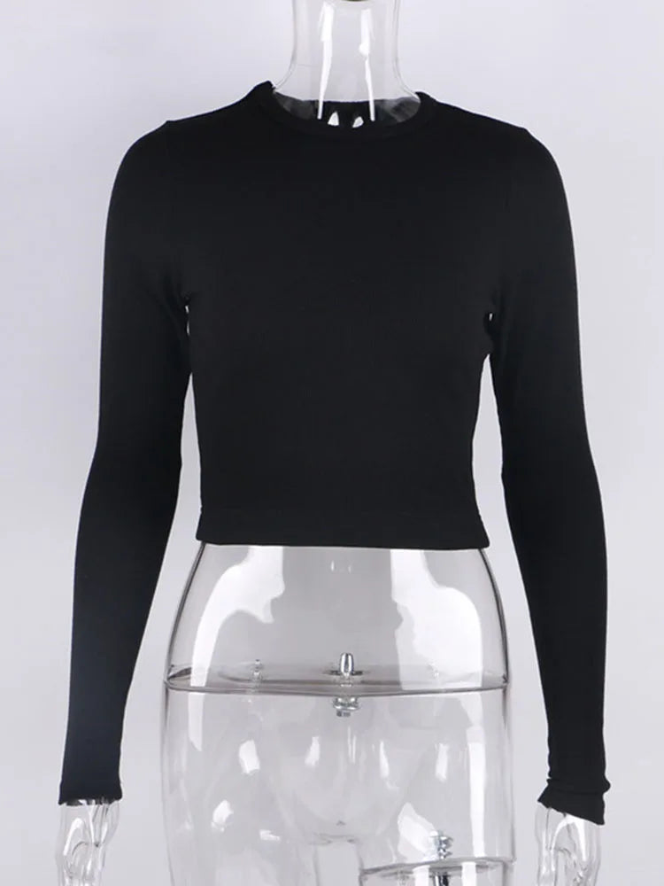 O Neck Long Sleeve Ribbed Crop Top for Women Casual Slim Fit T Shirts in Black and White