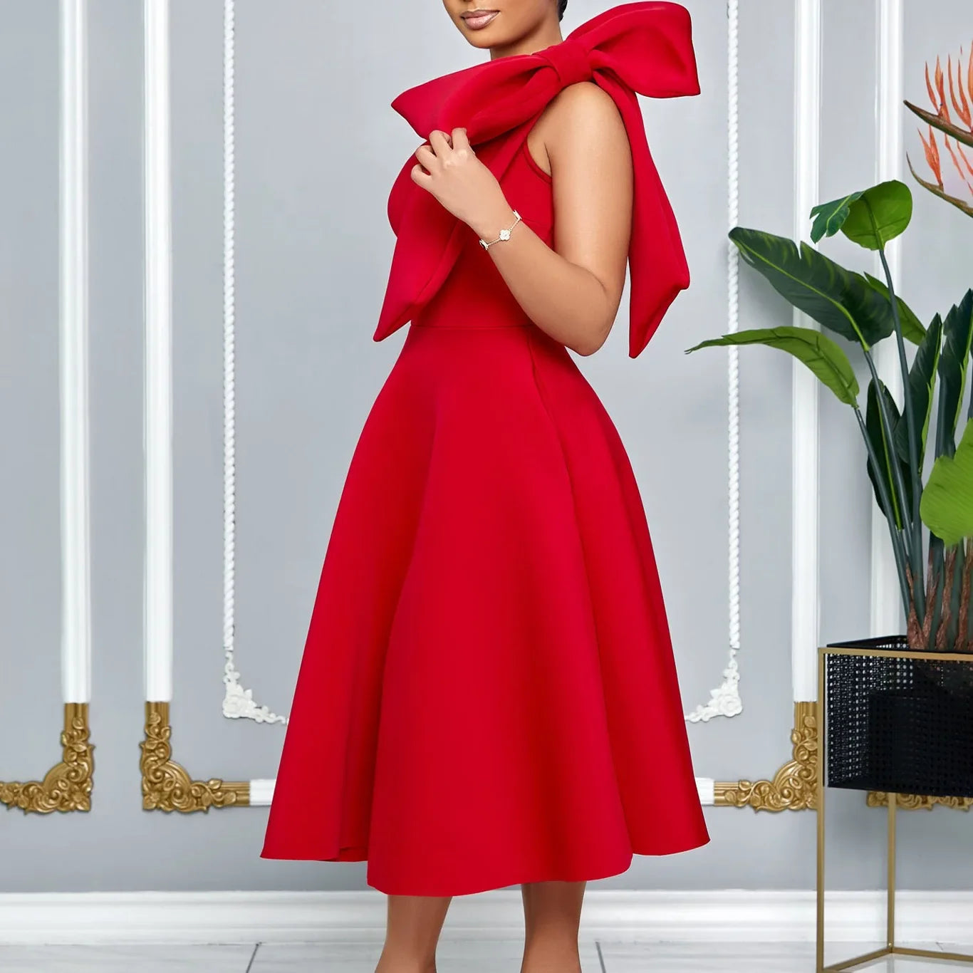 One Shoulder Bow Dress A Line Pleated Mid Calf Party Dress