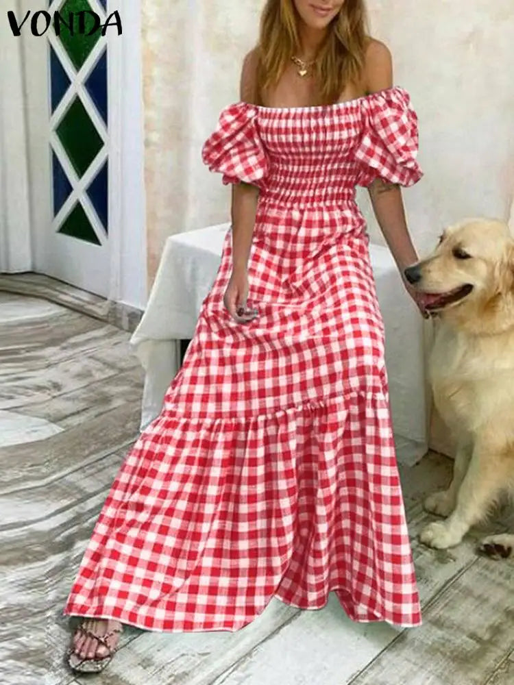 Boho Plaid Maxi Dress With Short Puff Sleeve For Summer