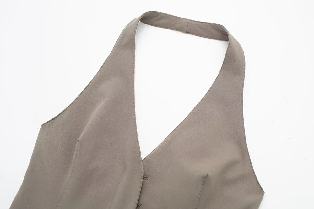 Women's Two-Piece Suit Set with Belt Halter V-Neck Top and High-Waisted Pleated Pants