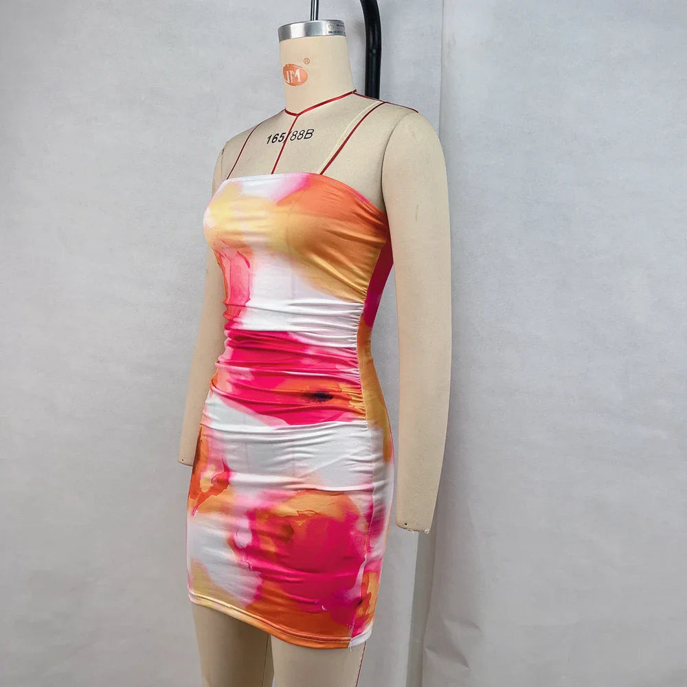 One Shoulder Strapless Printed Dress With Cinched Waist