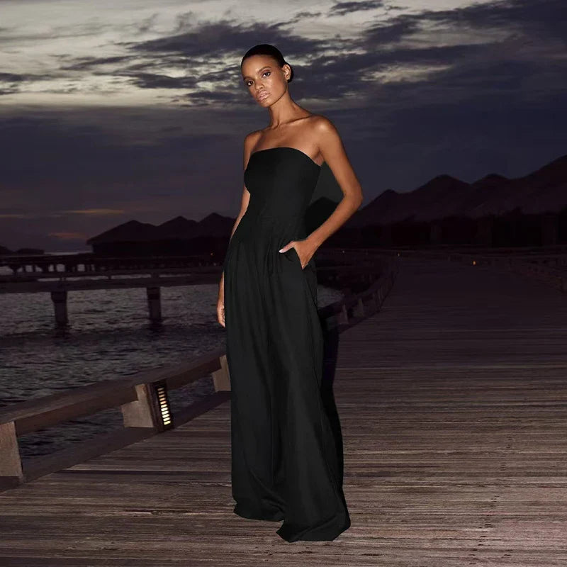 Solid Backless Off Shoulder Jumpsuit for Women Waist Cinching Wide Leg Pants with Pockets Elegant Summer Bodysuit Outwear