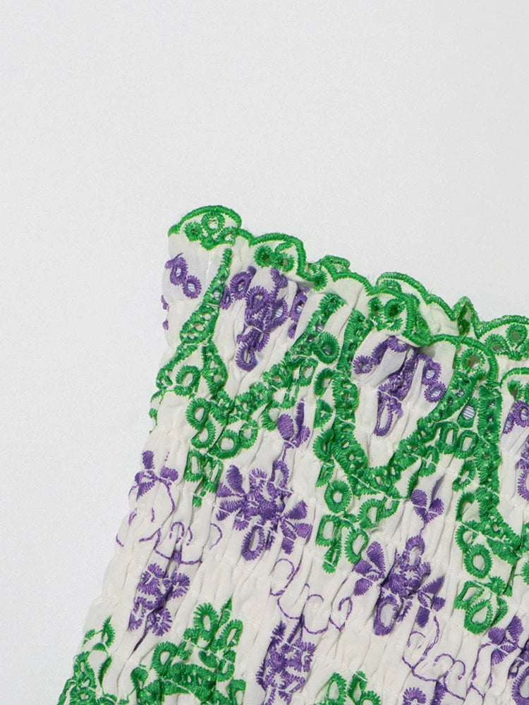 Embroidery Print Strapless Mini Dress Ruffled High Waist