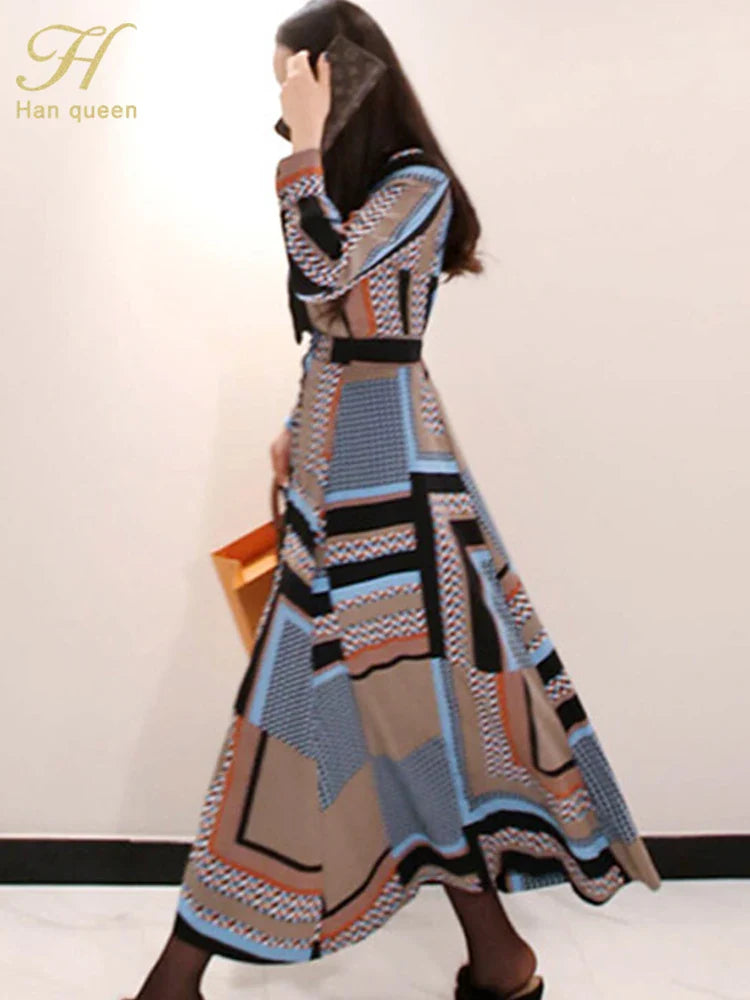 Vintage Print Long Shirt Dress For Women Ankle Length