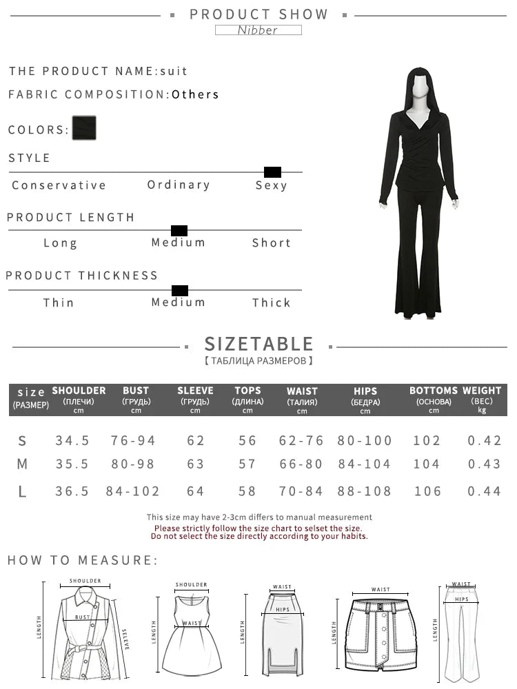 Elegant Two Piece Set for Women with Hooded Low Neck Long Sleeve Top and Solid Flared Pants Casual Trendy Outfit