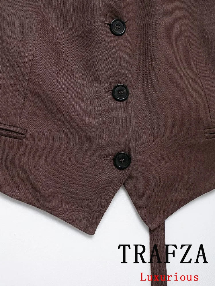 Vintage Chic Women's Suit Set with Solid Halter Vest and Straight Button Loose Pants for Office and Casual Wear