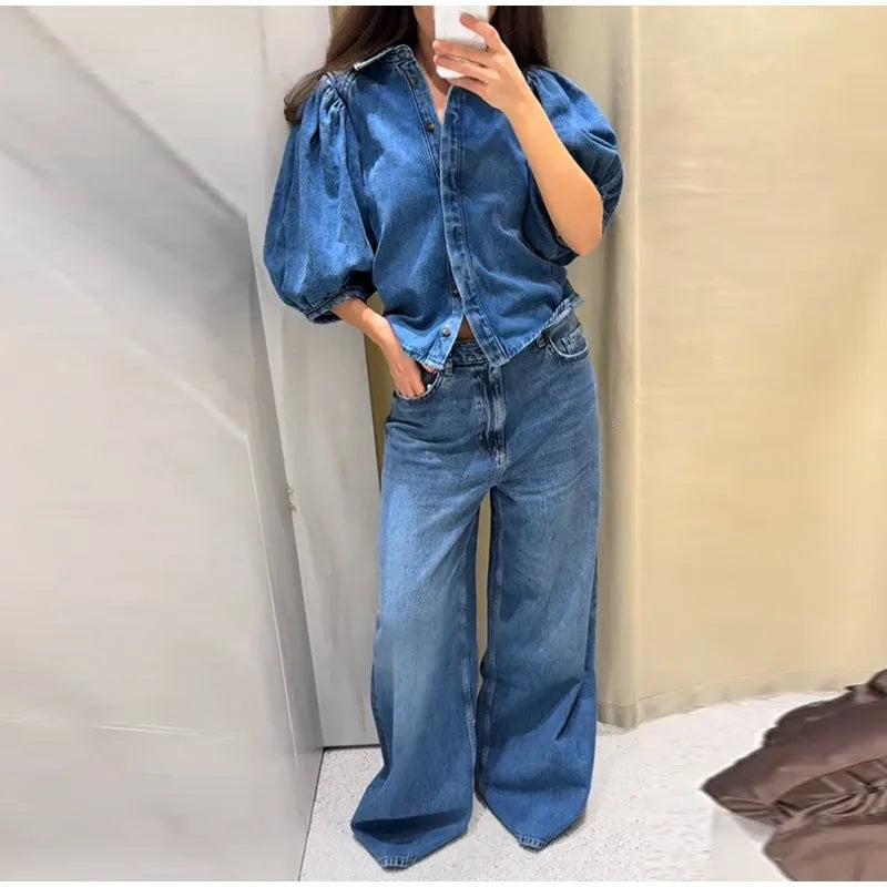 Street Denim Women's Puff Sleeve Shirt Solid Color Single Breasted Pleated Blouse Casual Half Sleeve Top for Spring and Summer
