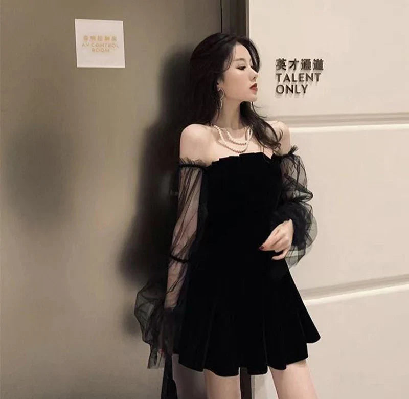 Black Tulle Off Shoulder Mini Dress Korean Style Chic