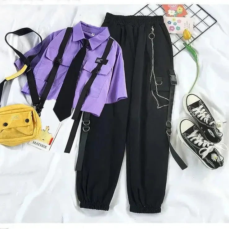 Casual Streetwear Cargo Pants Set with Chain and Harajuku Style Shirt for Women - Two Piece Loose Joggers and Blouse Outfit in Black and White